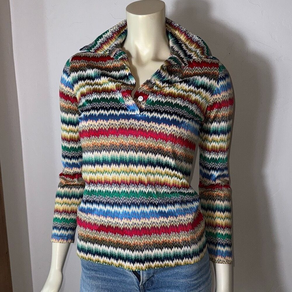 Vintage 60s Women's ZigZag Print Pointed Collar Multicolor Rainbow Stripe Size S - Picture 12 of 13